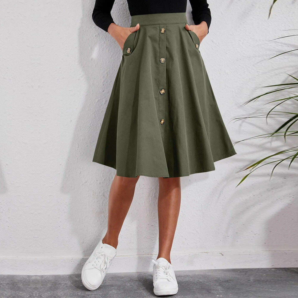 WW | Button Hem Defining Elegant Umbrella Midi Skirt