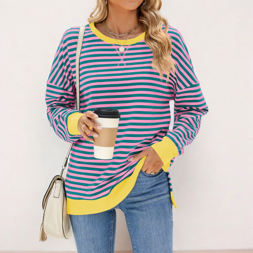 WW | Locker T-Shirt mit Streifen und langen Ärmeln Lässiger Pullover für Frauen