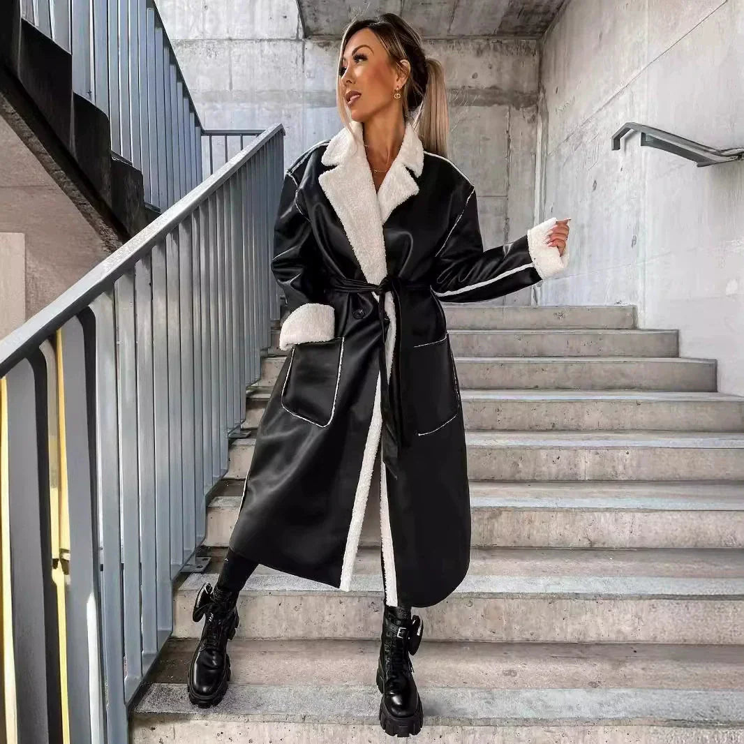 WW | Women's Long Coat – Faux Leather – Oversized Wrap Fit – Plush Trim – Tie Belt