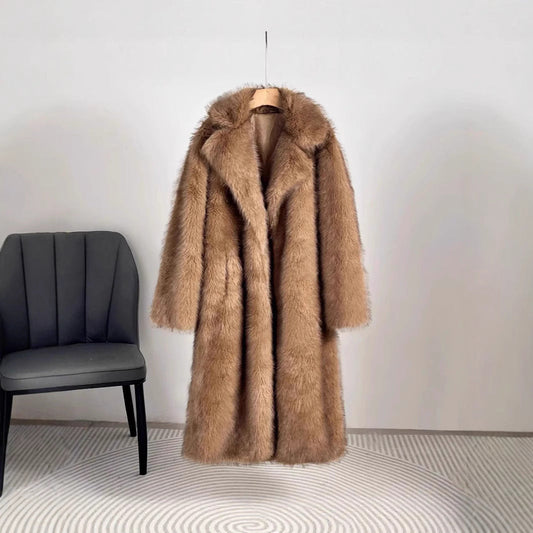 Damen Eleganter Pelzmantel mit großen Taschen WW