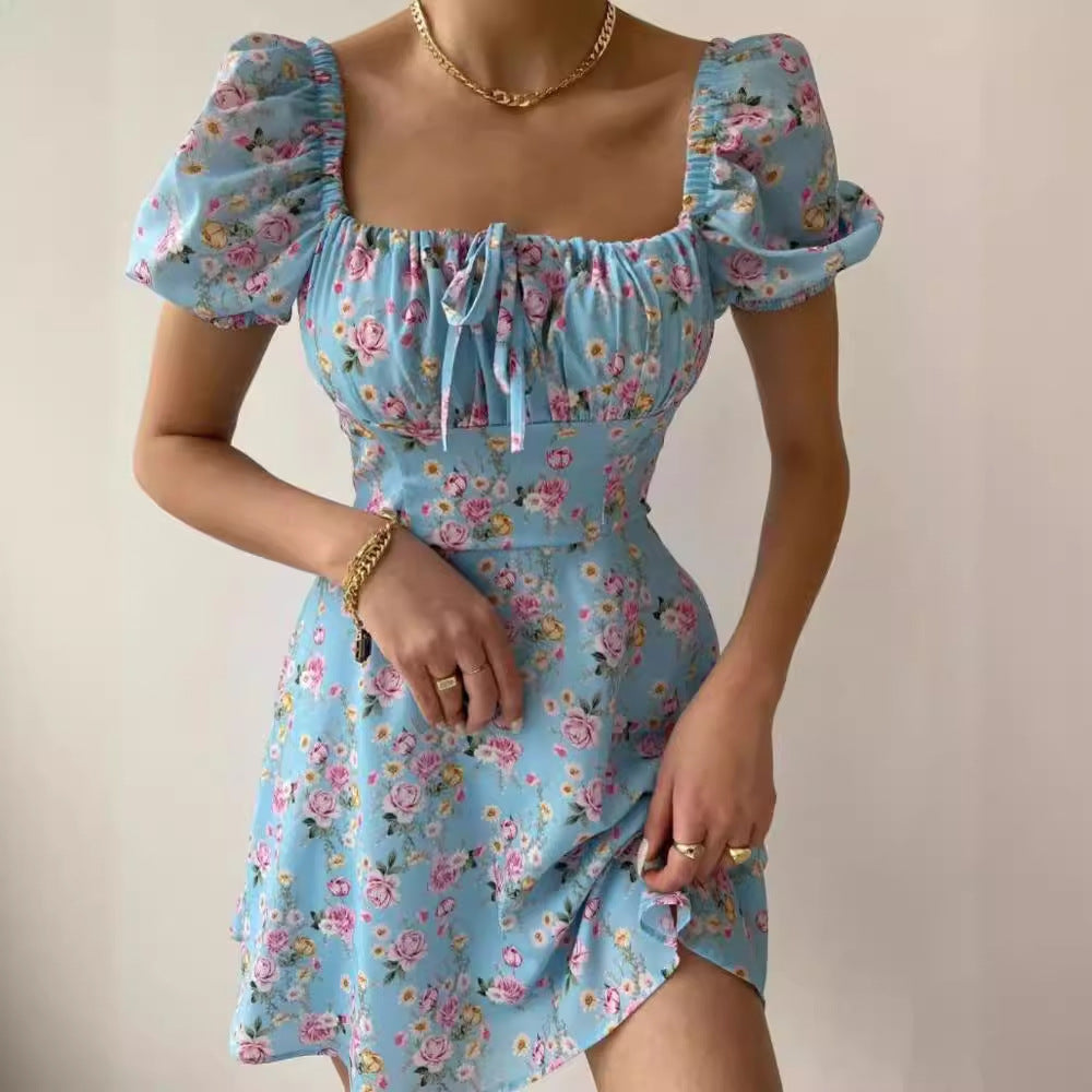 Damen Blütenmuster Mini-Kleid mit Puffärmeln WW