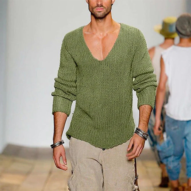Men's casual knitted sweater with deep V-neck and comfortable fit