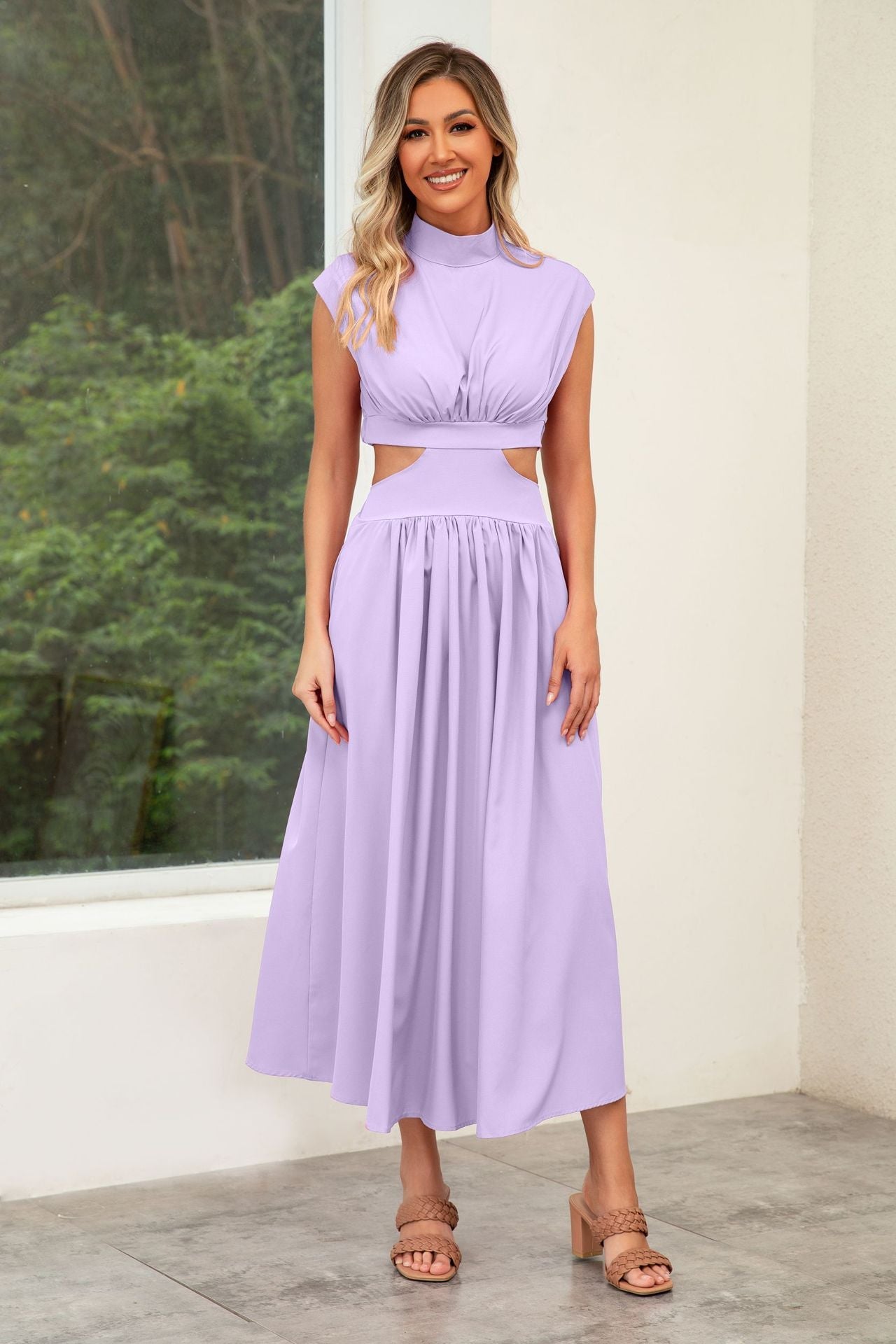 Damen Cut-Out Sommerkleid mit hohem Kragen WW