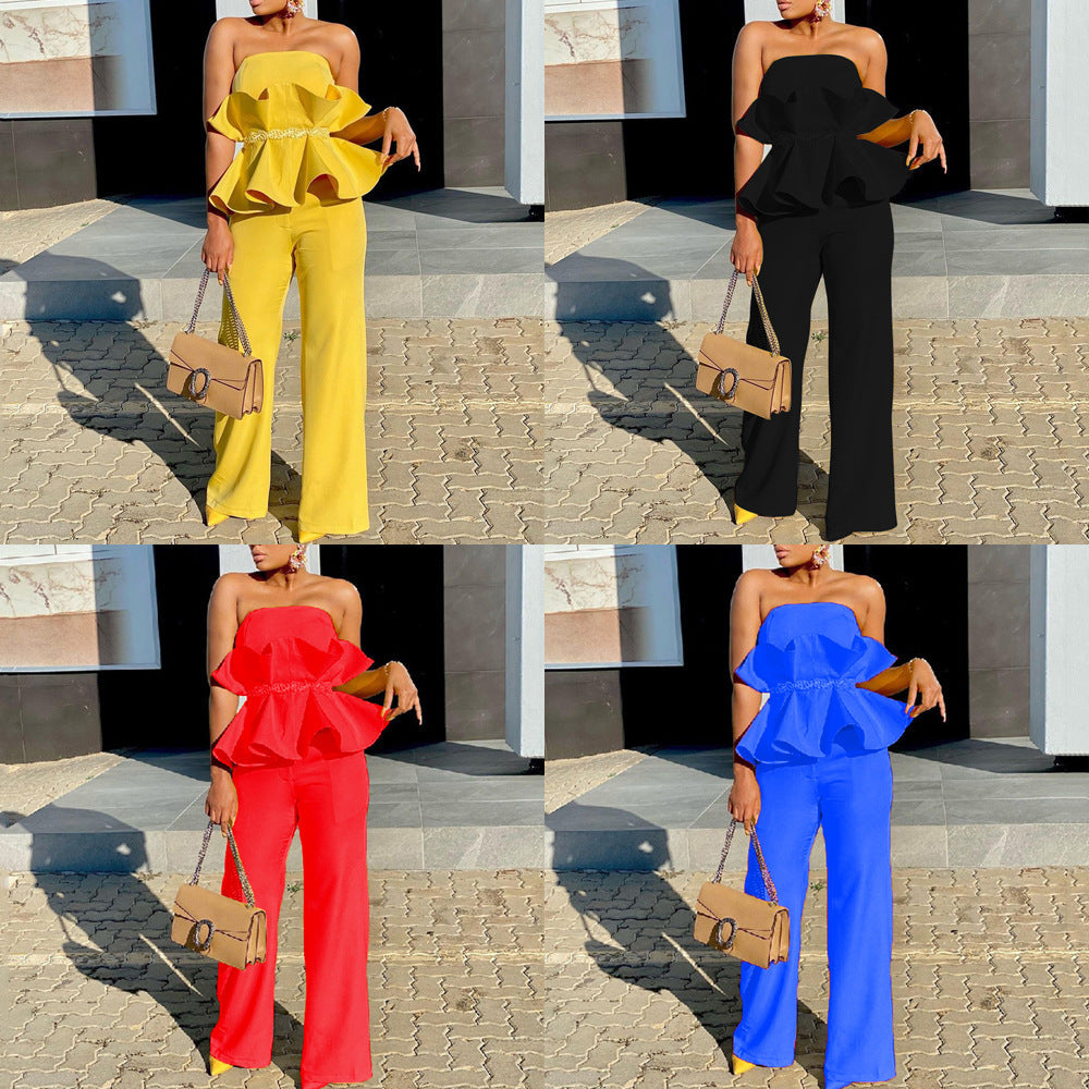 Women's jumpsuit with voluminous ruffle design and off-the-shoulder top WW