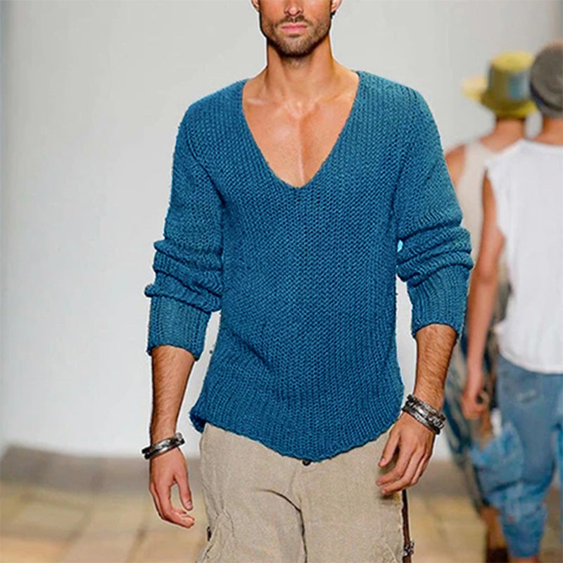 Men's casual knitted sweater with deep V-neck and comfortable fit