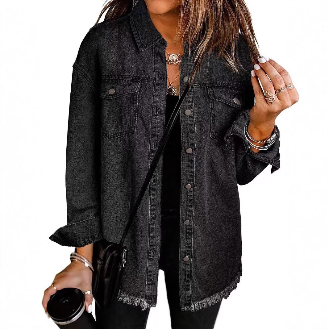 Women's Oversized Denim Shirt with Fringes WW