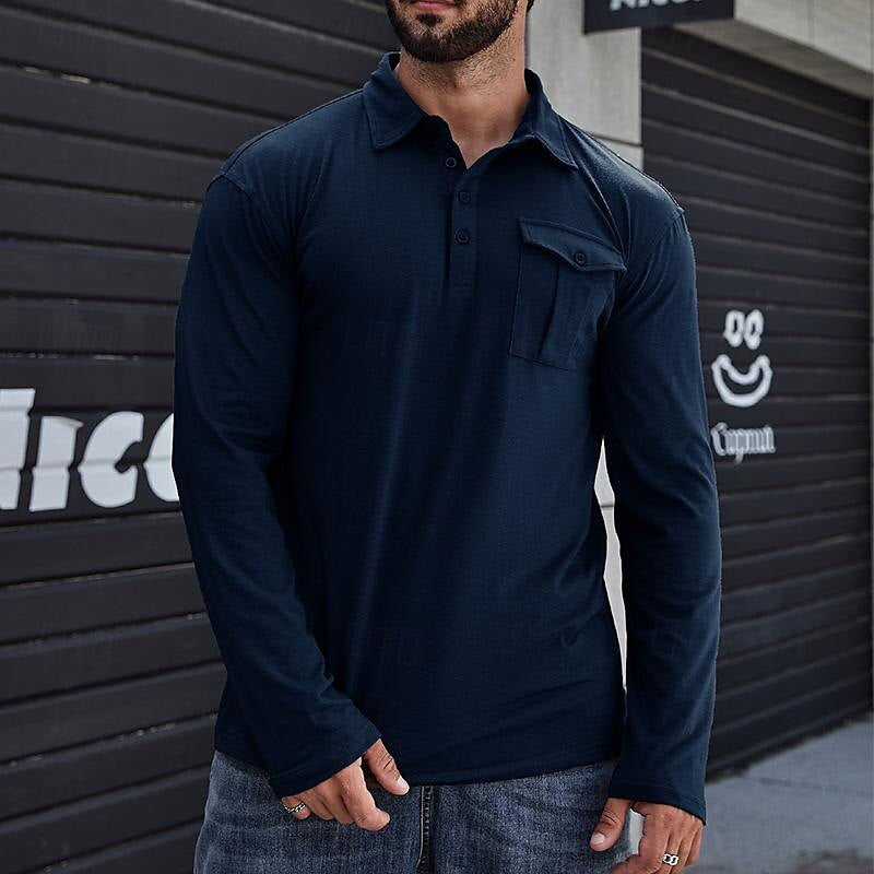 WW | Henley Pique Shirt Lange Ärmel Moderner Kragen Brusttasche Normale Passform