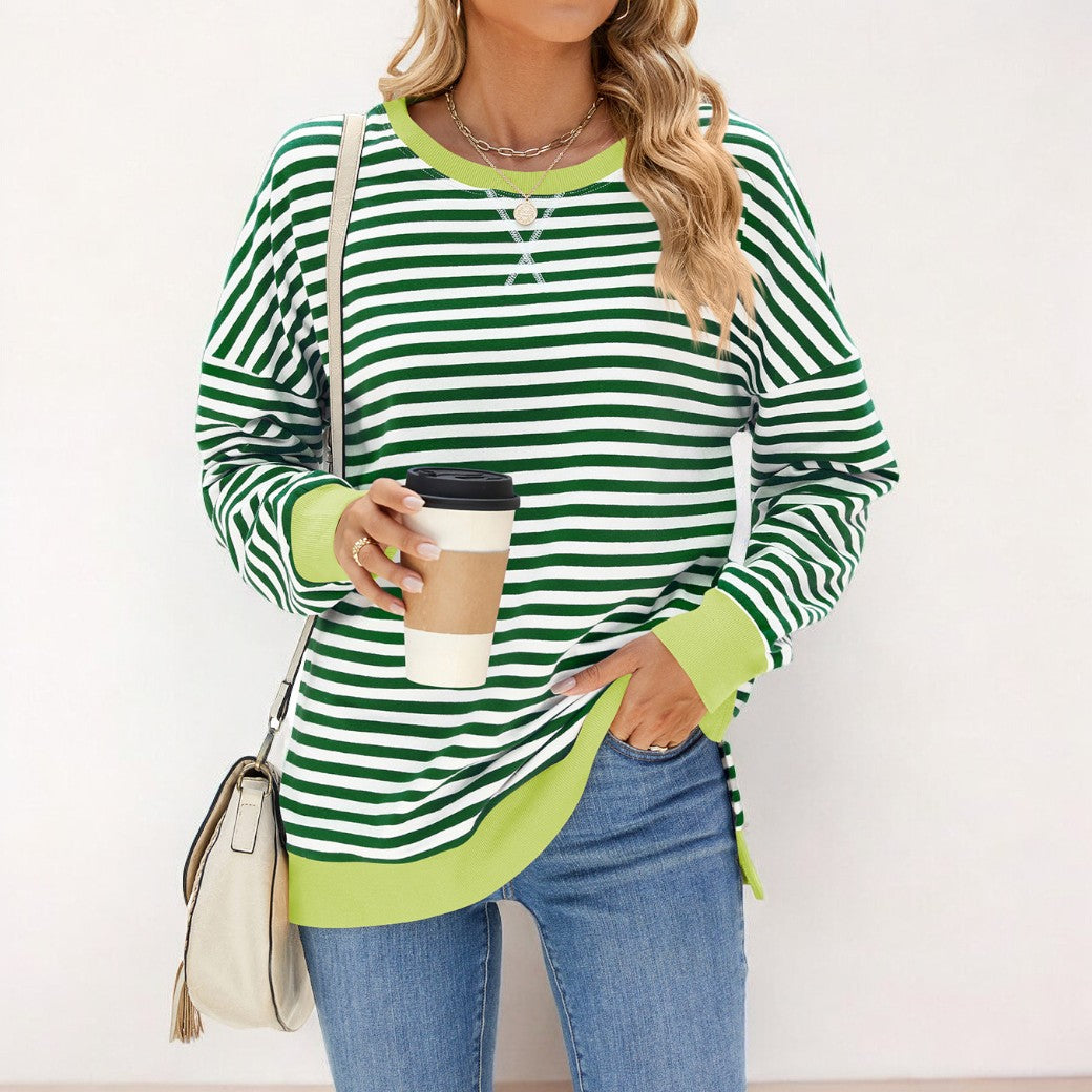 WW | Locker T-Shirt mit Streifen und langen Ärmeln Lässiger Pullover für Frauen