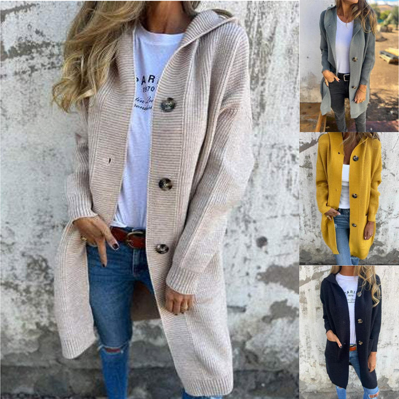Damen Strickjacke mit Kapuze und Knöpfen WW