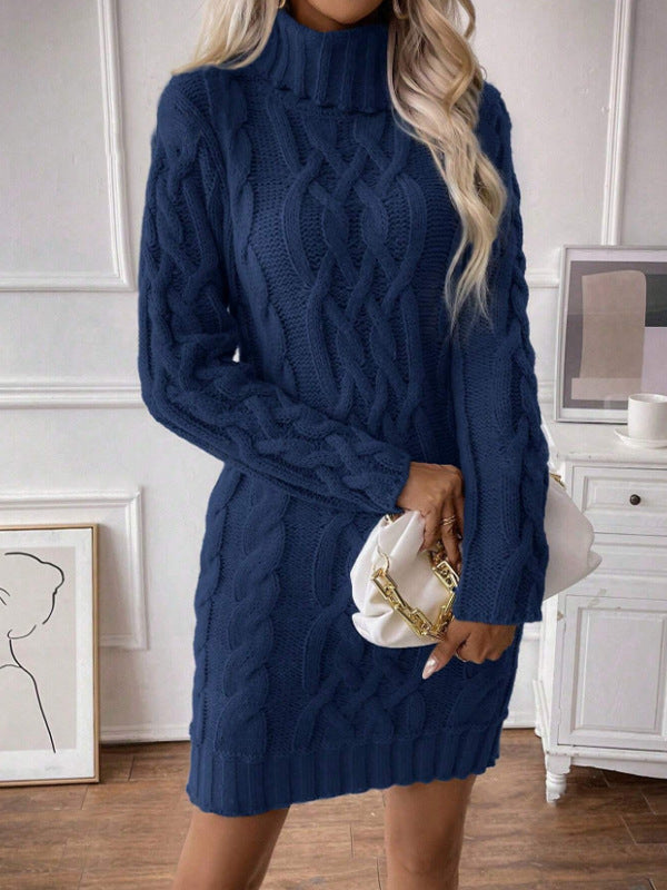 WW | Knitted dress Figure-hugging fit Cable knit High neck Long sleeves