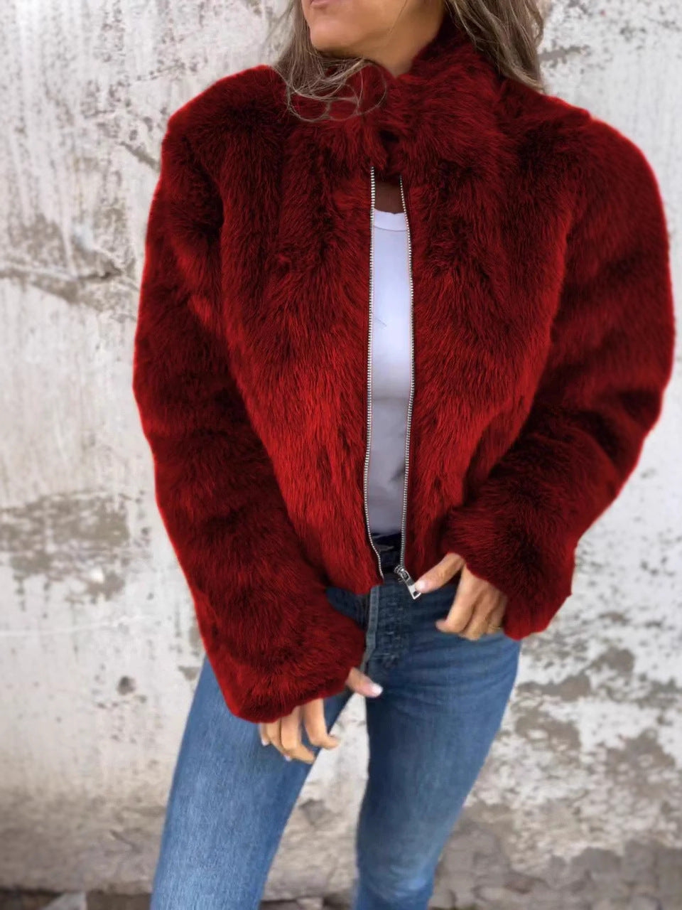 WW | Faux fur Loose fit High collar Zipper Full sleeves