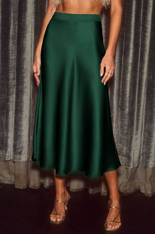 Damen schwingender Satin-Midirock mit elastischem Taillenbund WW