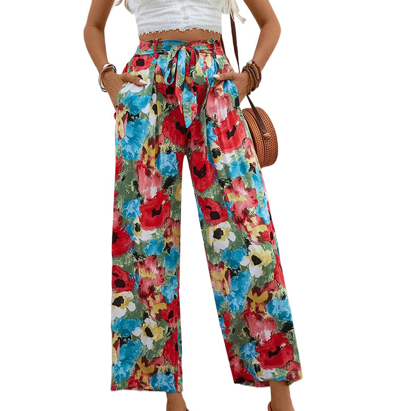 Damen weite Sommerhose mit buntem Blumenmuster und elastischem Bund WW