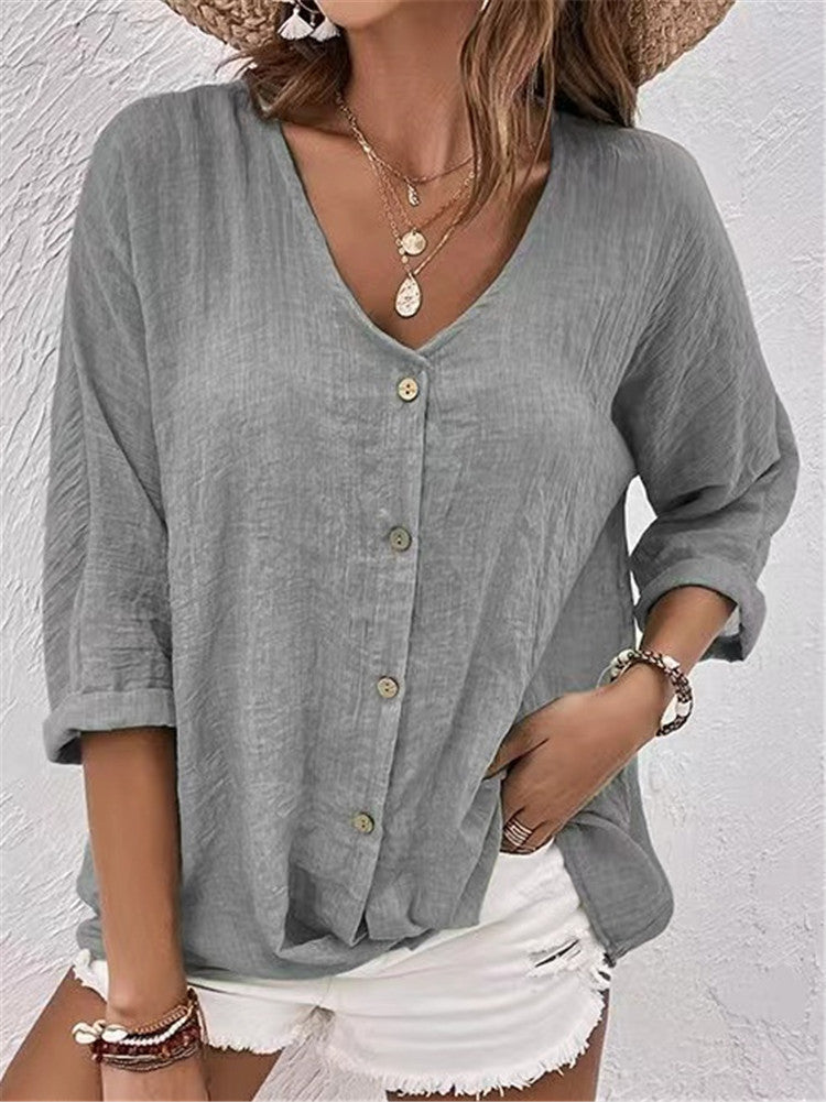 Damen lässige Bluse mit Knopfleiste und V-Ausschnitt WW