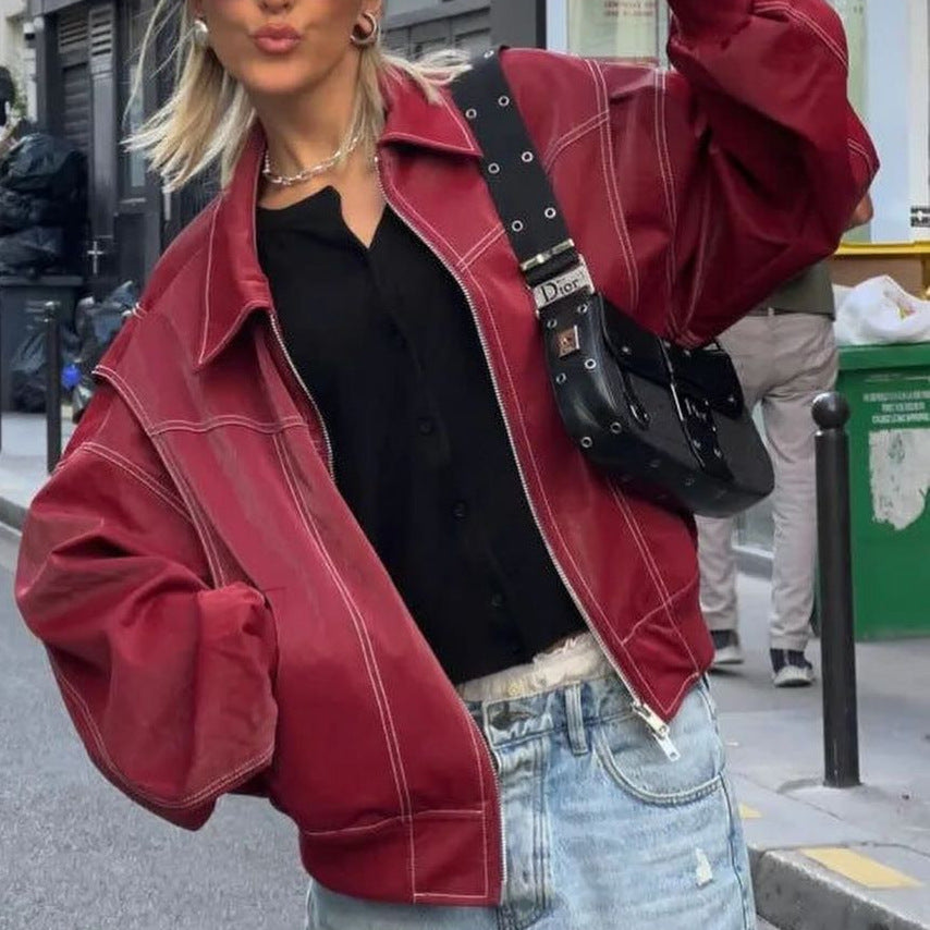 WW | Damen Faux Leder Jacke Elastische Ärmel