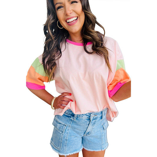 Women's Casual T-Shirt with Colorful Sleeves WW