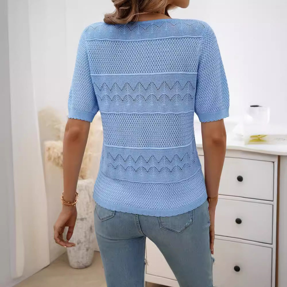 Damen luftiges Strickoberteil mit modischen Lochmuster und charmantem Rüschenabschluss WW