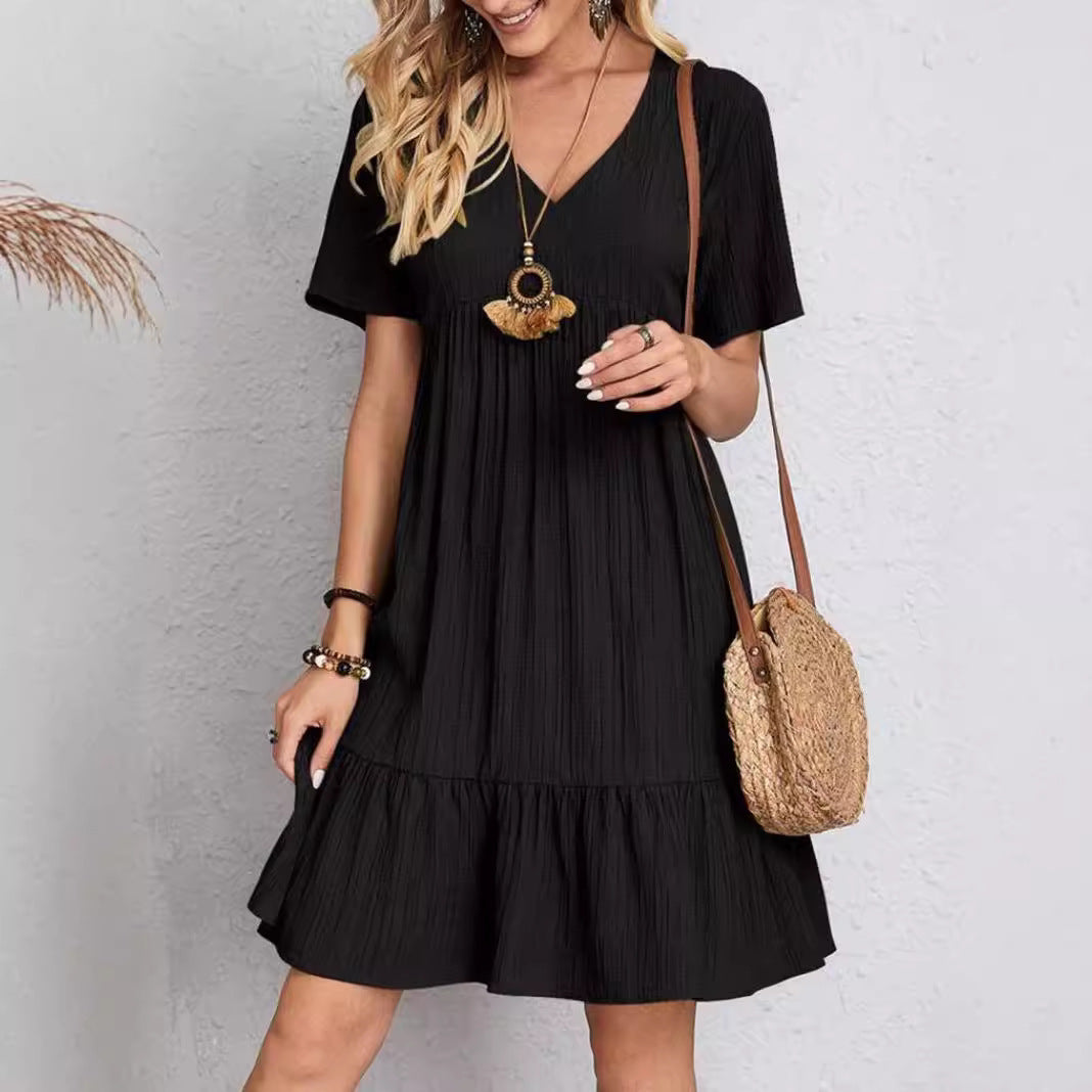 Damen lässiges Freizeitkleid mit voluminösem Saum und V-Ausschnitt WW