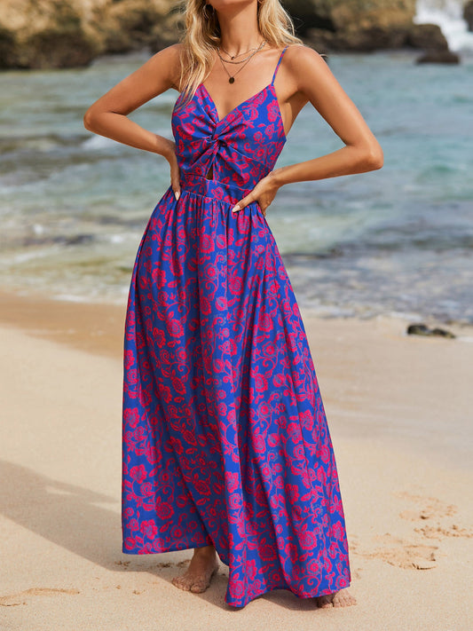 Women's Maxi Dress with Sophisticated Knot Detail and Floral Design Elements WW