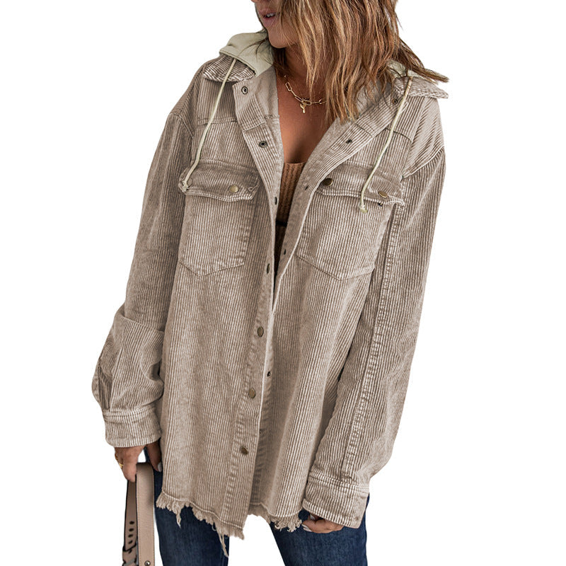 WW | Hooded jacket - Oversized fit - Cord texture - Button closure - Fringed hem