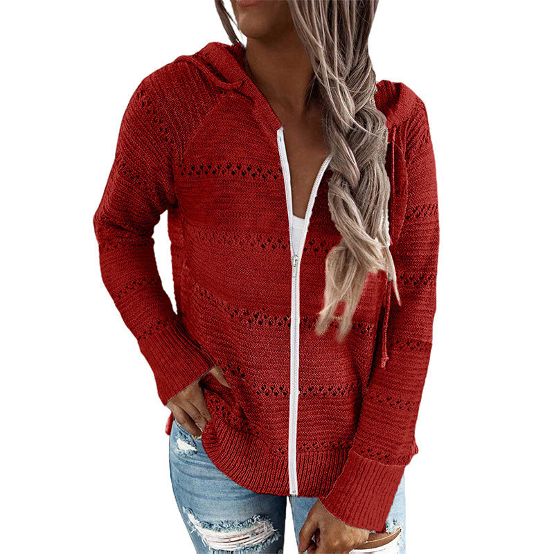 Women's Casual Knitted Cardigan with Hood and Decorative Openwork Pattern WW