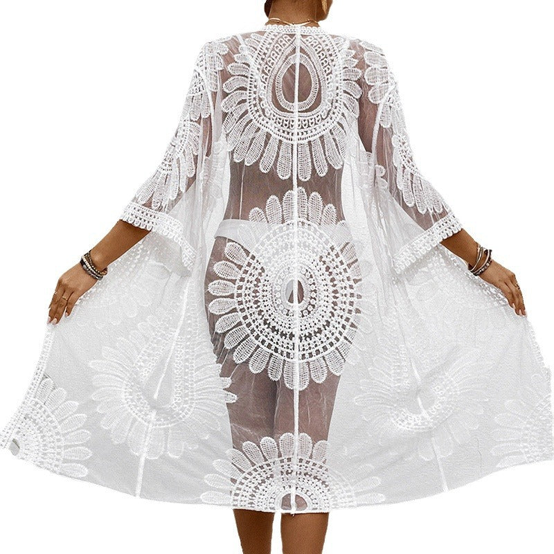 Damen transparenter Strandüberwurf mit elegantem Häkelmuster WW