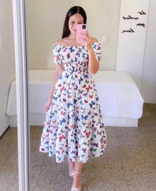 Women's Midi Dress with Off-Shoulder Design and Playful Butterfly Pattern WW