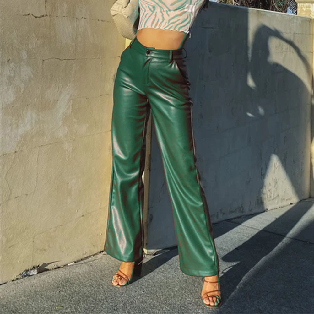 Damen Modische Kunstlederhose mit weitem Bein und eleganter Passform WW