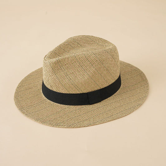 Damen Strand-Fedora-Hut aus atmungsaktivem Naturmaterial mit breiter Krempe und schickem Band WW
