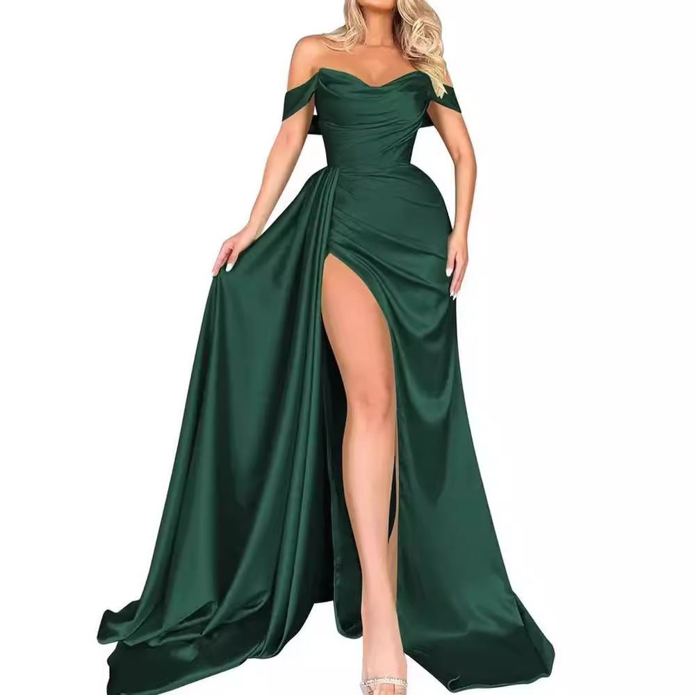 Damen Off-Shoulder Abendkleid mit hohem Beinschlitz und voluminösem Rock WW