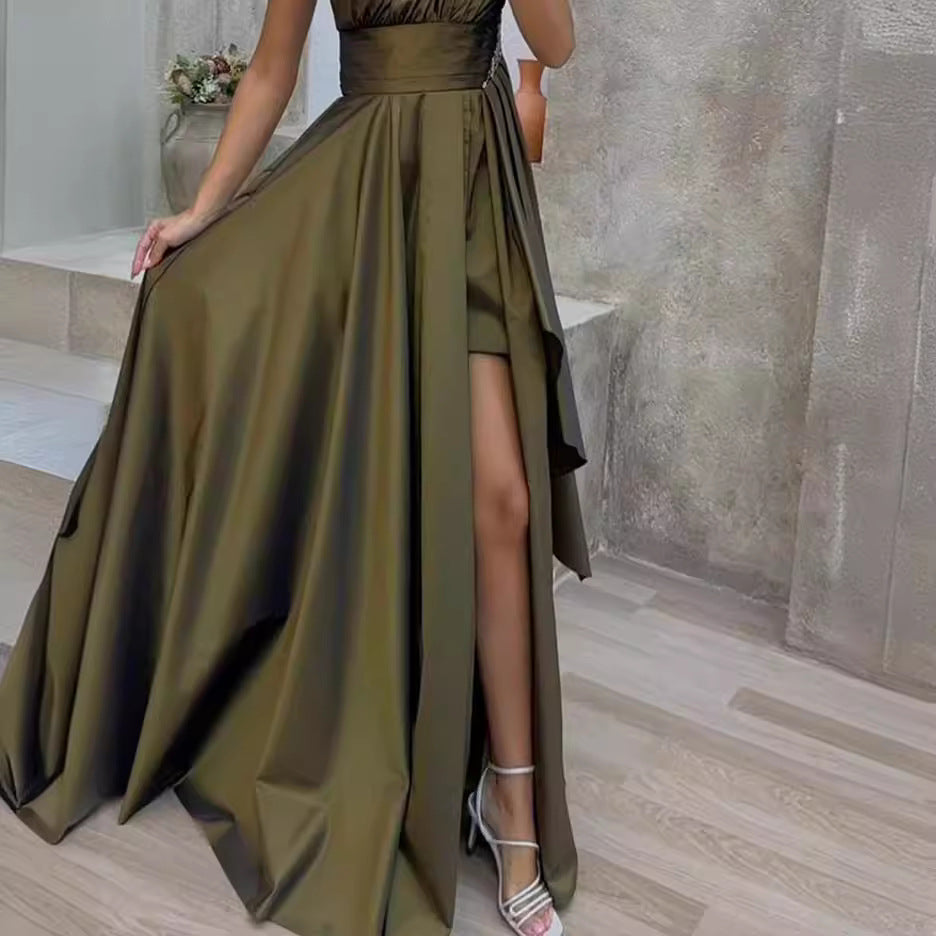 Women's Asymmetrical Maxi Dress with Elegant Cut and High Slit WW