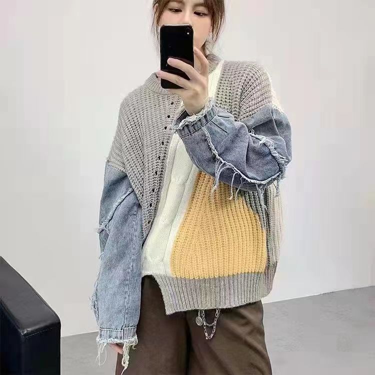 WW | Patchwork-Pullover mit Denim-Ärmeln