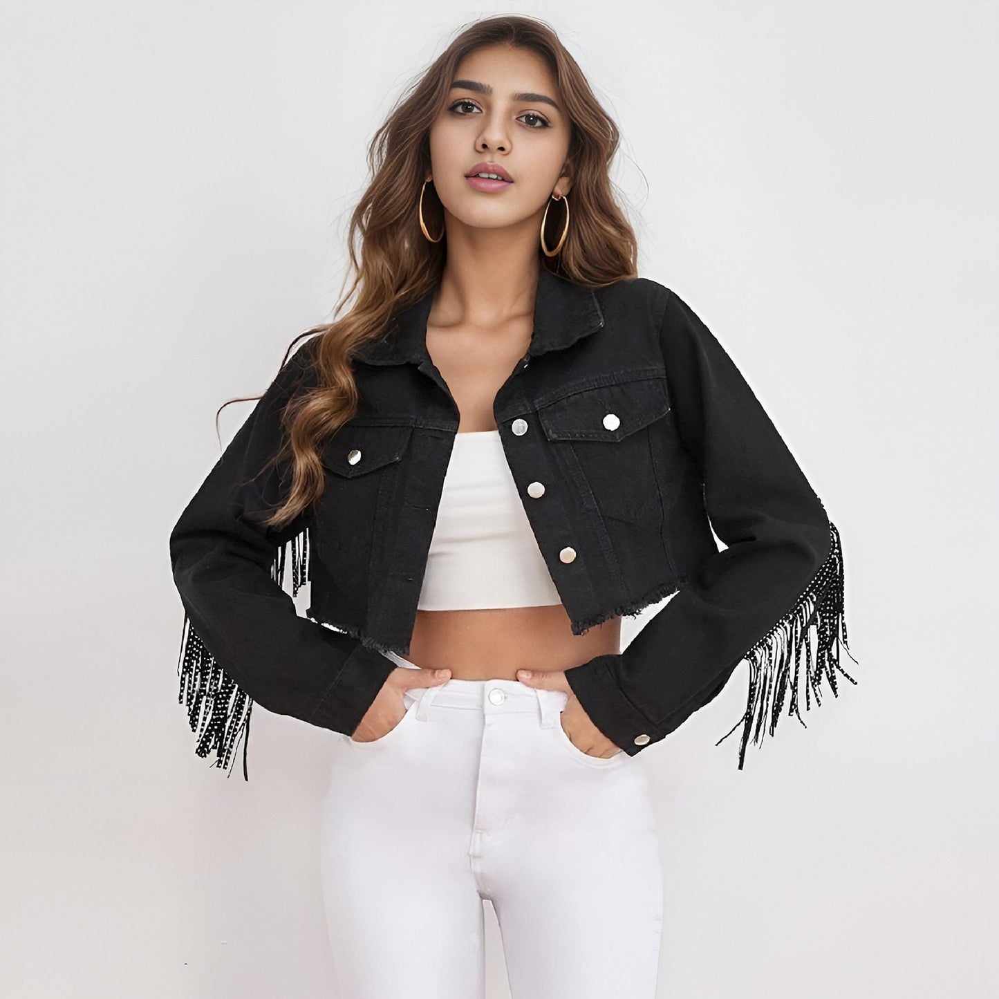 WW | Fransen Denimjacke - Edgy Western Stil - Baumwollmischung - Freizeitaktivitäten
