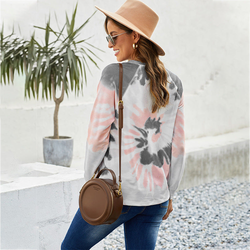 Women's long-sleeve T-shirt with modern tie-dye pattern and casual cut WW