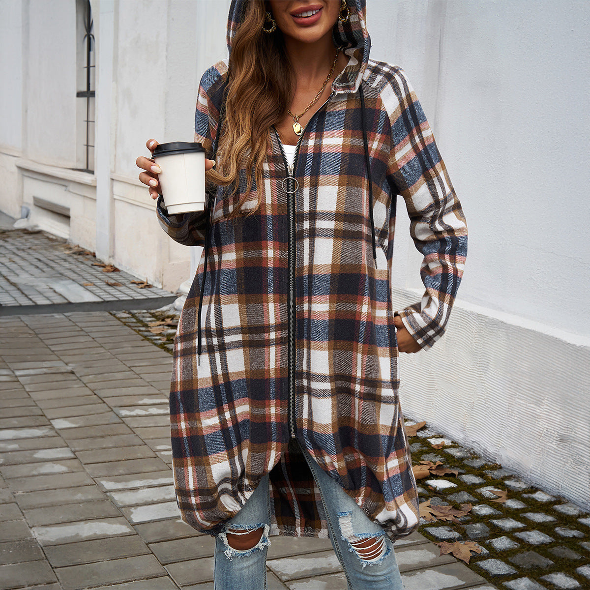 Women's Plaid Long Jacket with Hood and Pockets WW