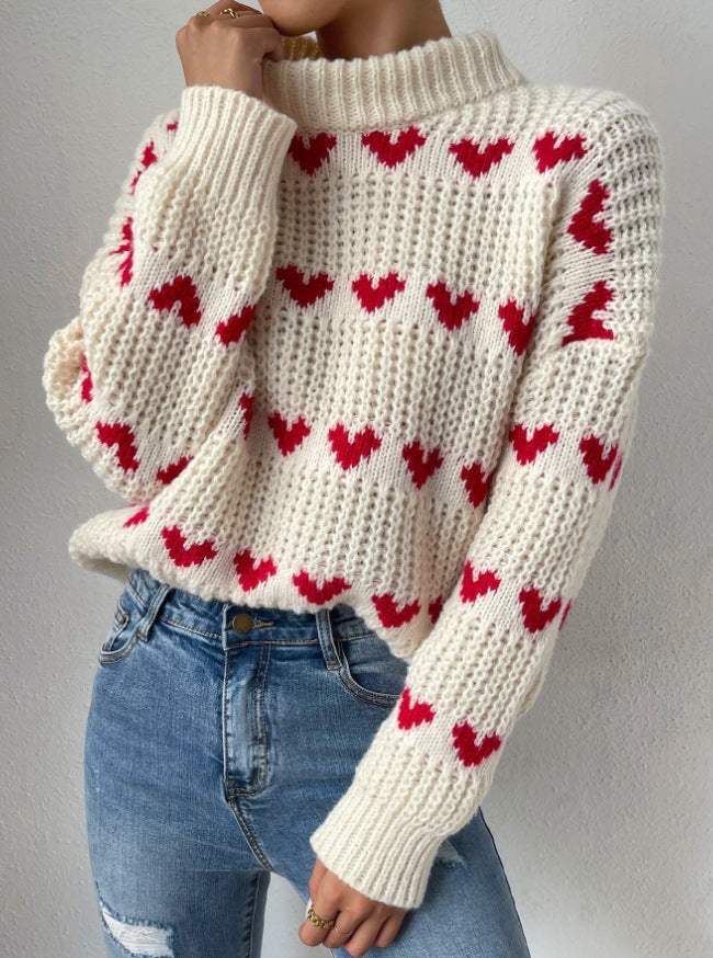 Women's Half Mock-Neck Loose Fit Love Heart Jacquard Knit Sweater