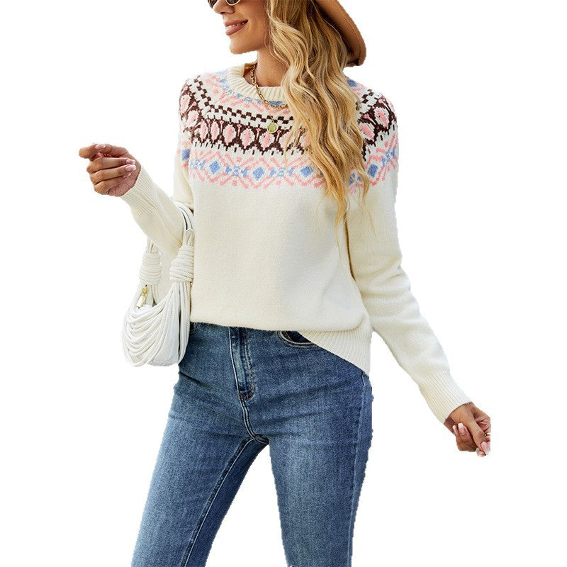 Women's Nordic Pattern Jumper with Round Neck and Casual Cut WW
