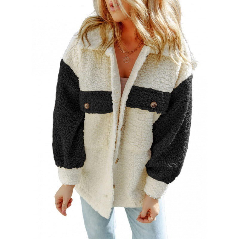 WW | Damen Teddy Jacke mit Kontrastärmel
