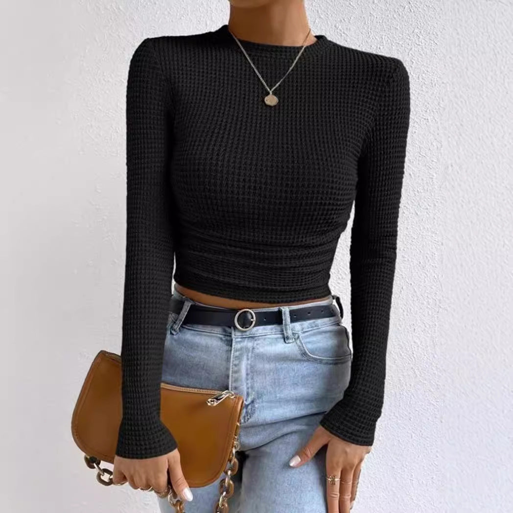 WW | Langarm T Shirt Slim Passform Weicher Strukturstrick Rüschentasche Kurzes Modell
