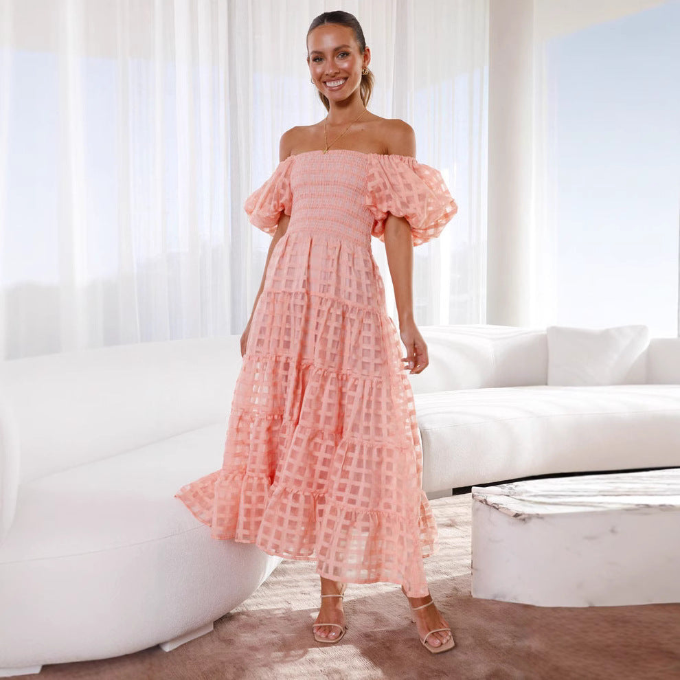 WW | Damenkleid mit Einem Hals Lanternenärmel Lagennähte Kleid