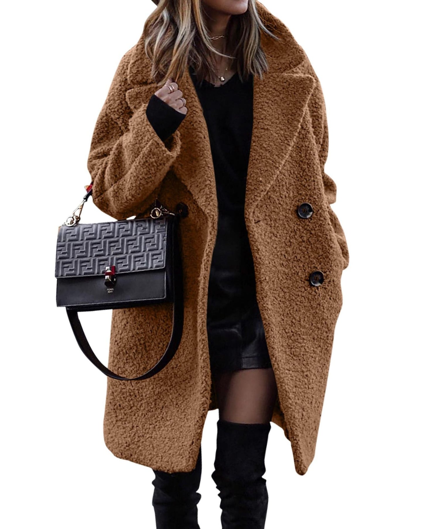WW | Long black plush coat for a warm style