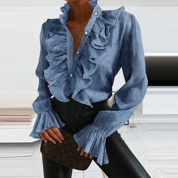 WW | Women's Long Sleeve Ruffle Denim Blouse