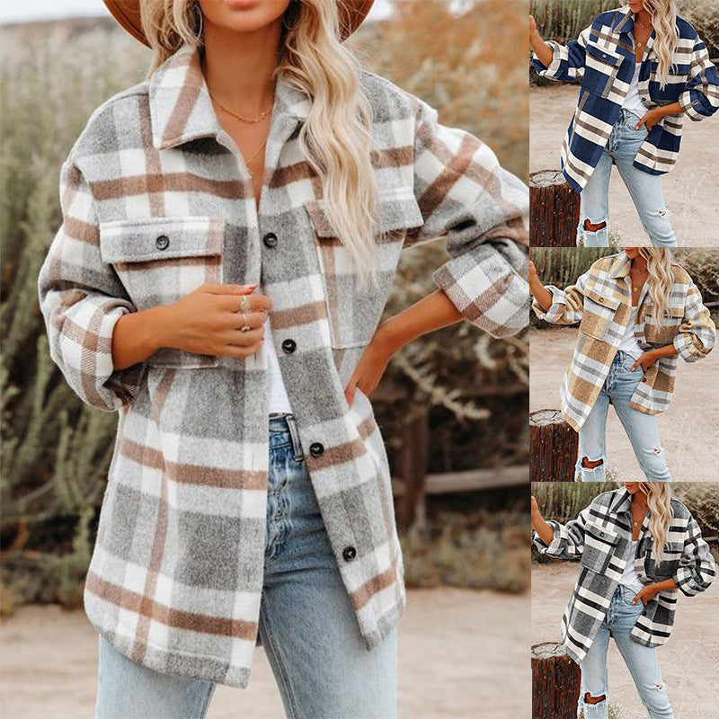 Women's checked flannel jacket with a casual cut and patch pockets WW