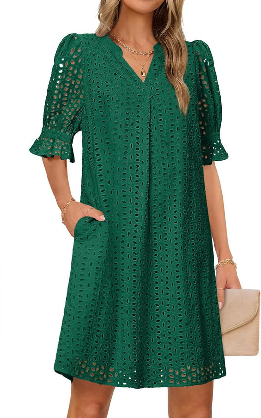 Women's airy summer dress with romantic eyelet pattern and practical pockets WW
