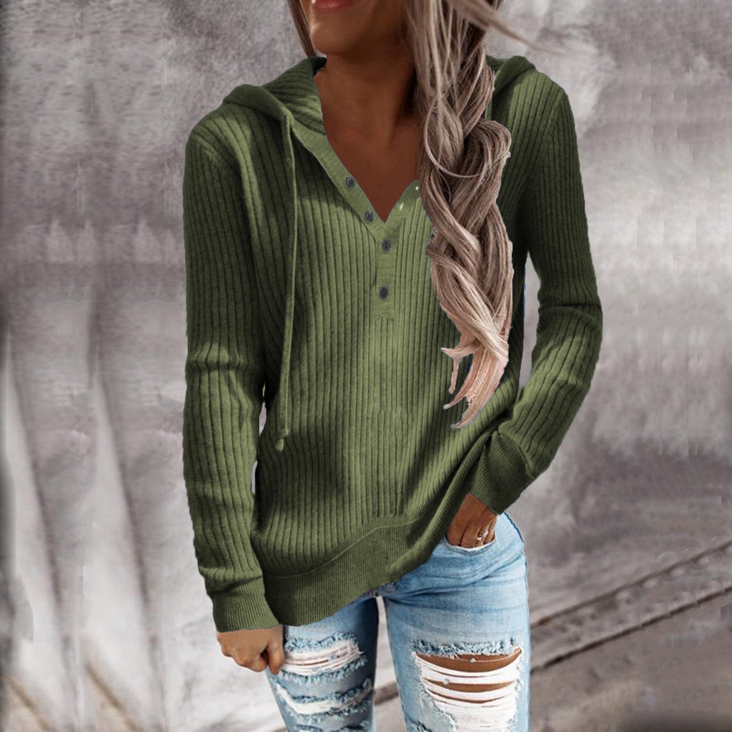 Damen Kapuzenpullover mit strukturiertem Rippdesign und praktischen Knopfdetails WW