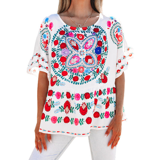 Damen besticktes Blusentop mit voluminösen Ärmeln und floralen Motiven WW