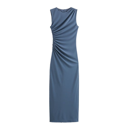 WWMODE | Einfarbiges Rundhalsausschnitt Ärmelloses Faltendes Slim Fit Kleid