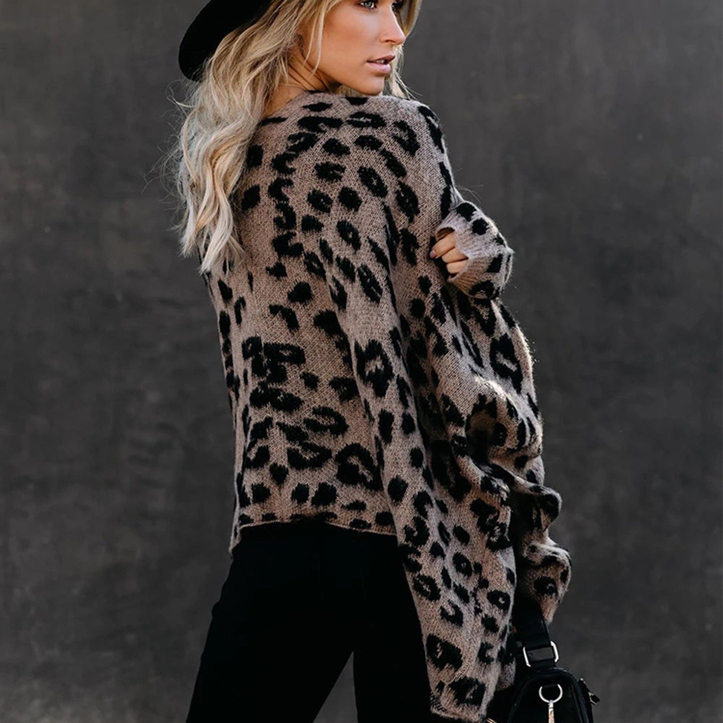 Damen lässiger Strickmantel im Leopardenmuster mit bequemem Schnitt und Taschen WW