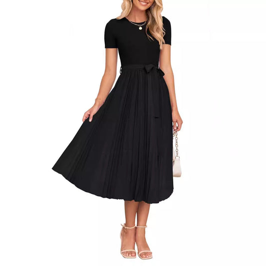 WW | Lässiges Fließendes Kurzarm-Gürtel-Midikleid