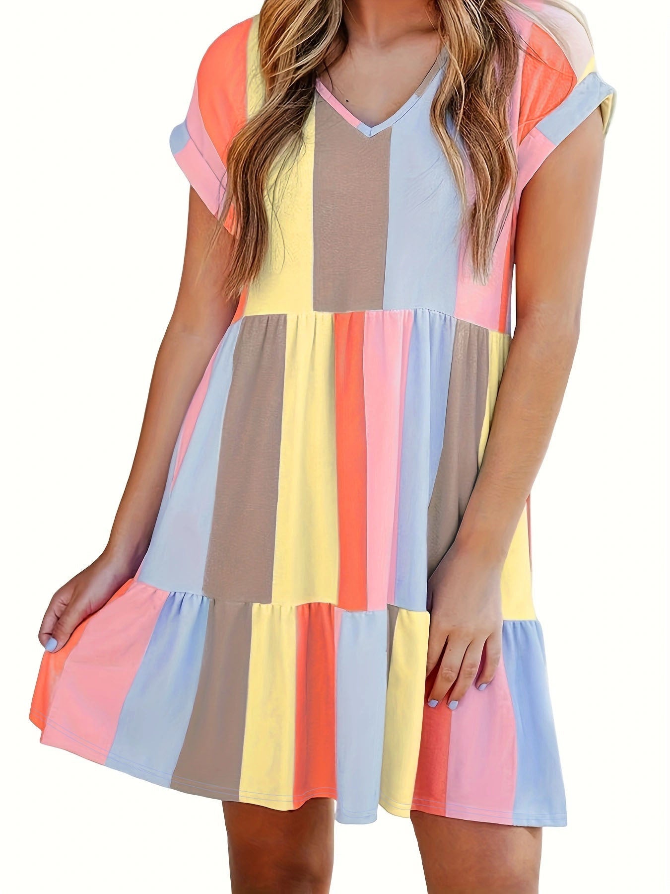 Damen Freizeitkleid mit farbenfrohem Streifenmuster und fließendem Design WW